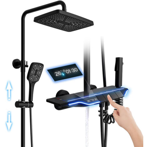 Colonna Doccia Termostatica Nero con Display Temperatura Sistem Doccia 4 Funzioni Miscelatore Set Doccia Completo Altezza Regolabile, 31x20CM Soffione Doccia, Doccetta e Bocca Vasca, Bidet