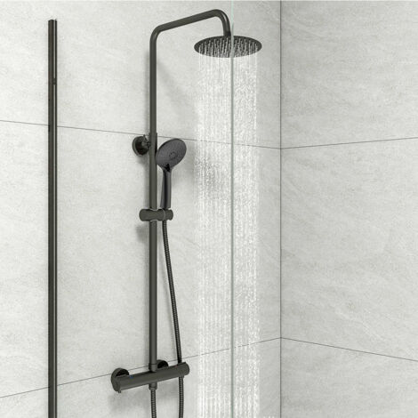 Colonna doccia termostatica nero con miscelatore 38 ° C, Set doccia regolabile in altezza 72-125cm,Sistema doccia a testa rotondo per bagno