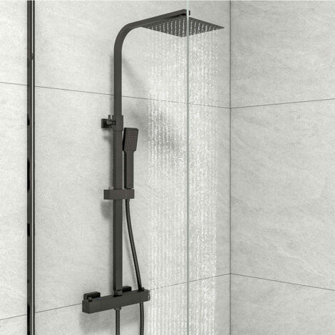Colonna doccia termostatica nero con miscelatore 38 ° C, Set doccia regolabile in altezza 73-115cm,Sistema doccia a testa quadrato per bagno
