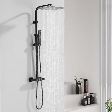 UBEEGOL Colonna Doccia Termostatica Sistema Doccia Colonna Doccia Regolabile in Altezza con Grande Getto a Soffitto Quadrato da 12 Pollici Kit Doccia Nero Corpo in Ottone