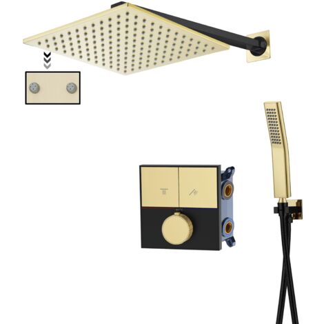 OIHPAW Colonna Doccia Termostatico Set Doccia da Incasso, Sistema Doccia Completo con Miscelatore, Kit Doccia con Soffione Doccia a Pioggia 25 25cm e Doccetta, Oro Spazzolato e Nero