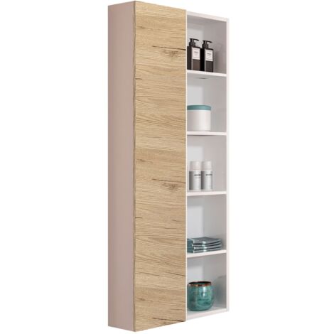 Colonna reversibile sospesa 60x22 con anta e vani a giorno Bianco lucido-Quercia Naturale