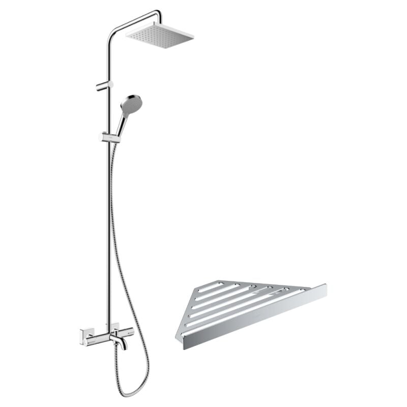 Colonne bain douche thermostatique Hansgrohe Vernis Shape 230 chromé + tablette AddStoris