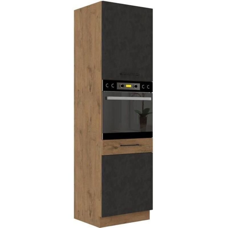 Colonne four cuisine ROCK - Mélaminé décor chene lancelot et gris matera - 2 portes + 4 étageres - L60 x H210 cm