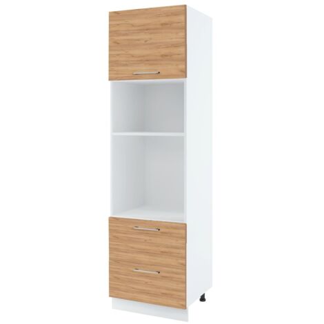 Colonne de cuisine pour micro-onde et four encastrable Bellissi Chene 2 tiroirs L 60 cm -  Porte avec poignée apparente  Décor chêne brut