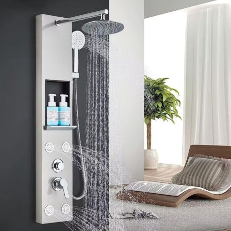 Colonne de douche 5 fonctions avec pommeau de douche supérieur jets de massage du corps bec de baignoire de douche à main en acier inoxydable nickel brossé colonne de douche de salle de bain murale