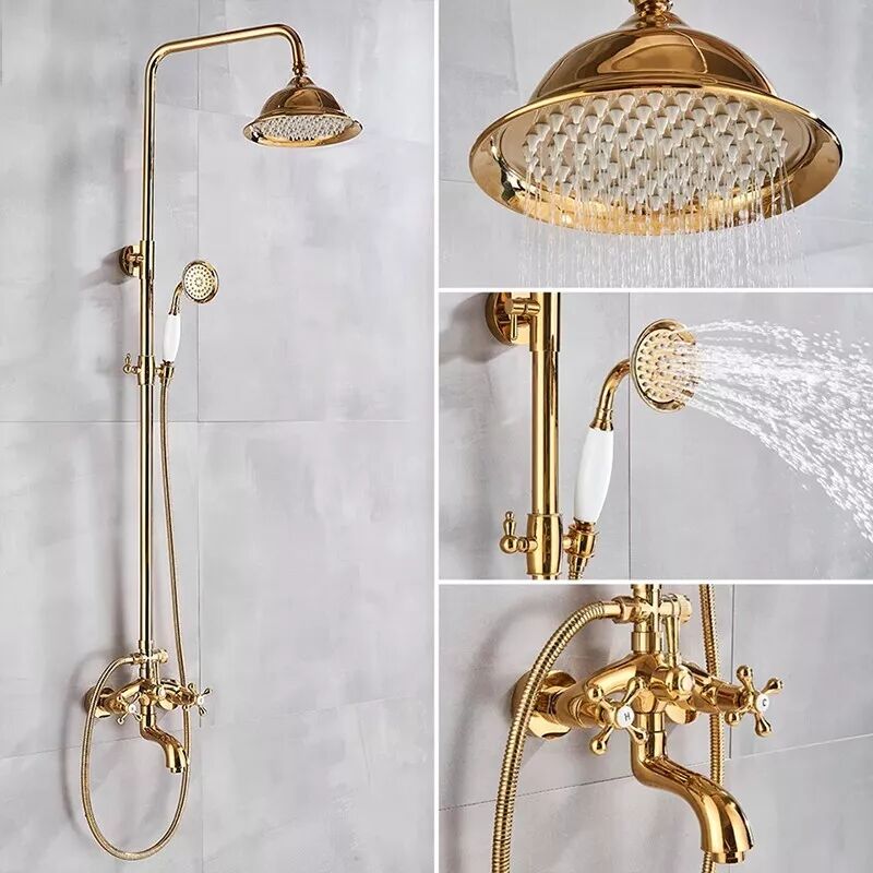 Colonne de douche antique réglable en hauteur Système de douche en laiton doré 3 modes de douche avec tablette