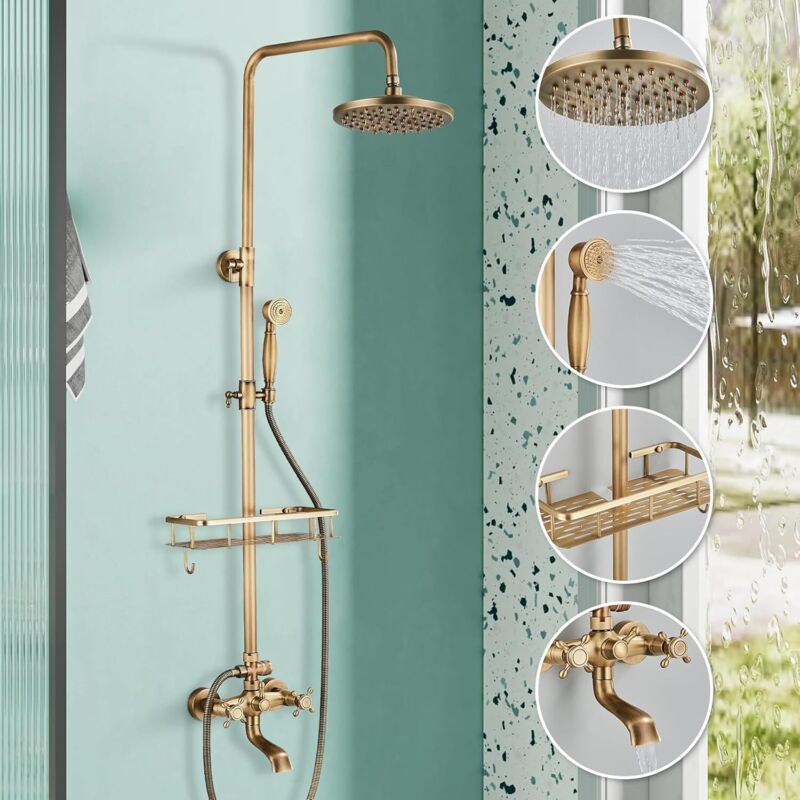 Colonne de douche antique réglable en hauteur Système de douche en laiton doré 3 modes de douche avec tablette