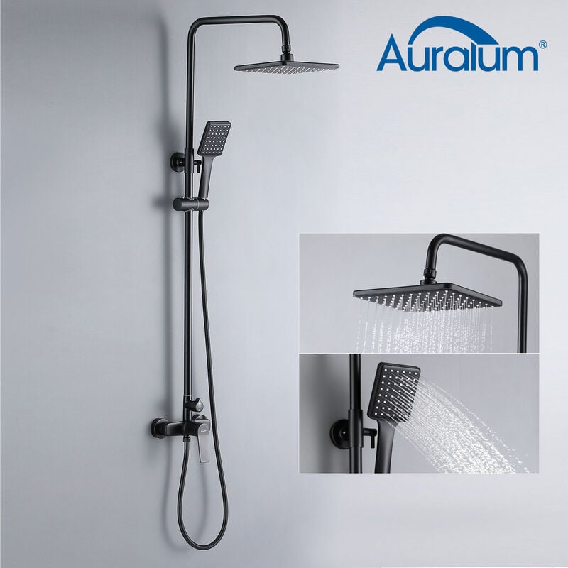 Auralum - Colonne de Douche Noir Ensemble de Douche avec 26x19cm Douche de tête et Douchette à main Carré, Colonne Douche en Laiton, Haute Réglable