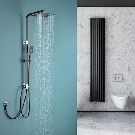 Colonne de Douche AuraLum Noir Sans Mitigeur Système de Douche avec Douchette à Main et Tête de Douche Carré de 10 Pouces, Ensemble de Douche en Hauteur Réglable de 690-1130 mm pour Salle de Bain WC