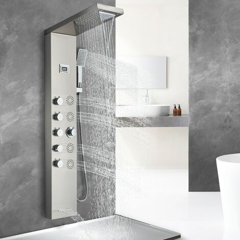 Colonne de Douche avec 5 Types de Système de Tour de Panneau de Colonne de Douche D'hydromassage de Fonction de Douche Nickel Brossé Argenté Acier Inoxydable de Haute Qualité