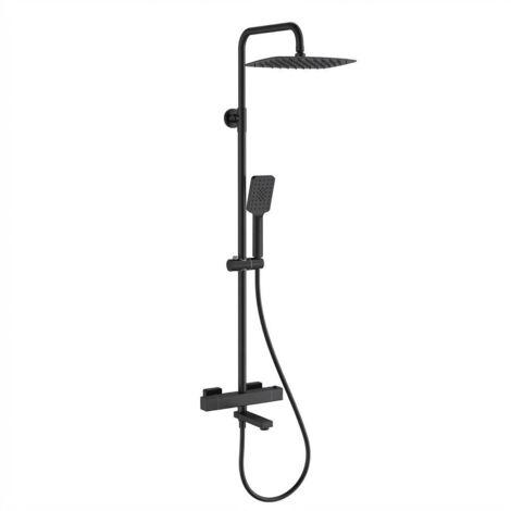 Colonne de douche avec robinet mitigeur thermostatique-Carré-Sortie sup/inf + Bec baignoire-Douche pluie 10" plastique-Douchette carrée-Noir mat