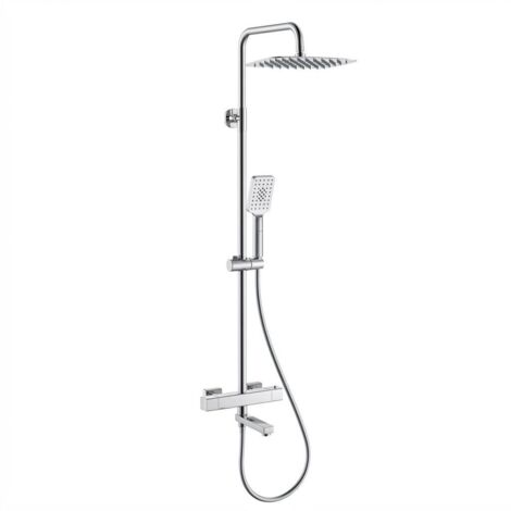 Colonne de douche avec robinet mitigeur thermostatique-Carré–Sortie sup/inf + Bec baignoire–Douche pluie 300x200mm plastique–Douchette 5F