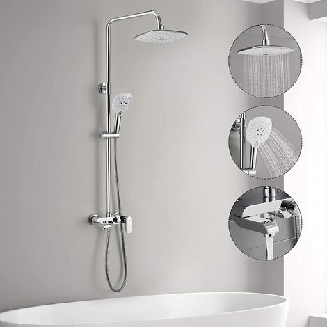 Colonne de Douche avec Robinetterie Baignoire, WOOHSE 3 Fonctions Ensemble de Douche avec Plateau de Rangement Système de Douche à Pluie avec 3 Jets Douche à Main Barre de Douche Réglable en Hauteur