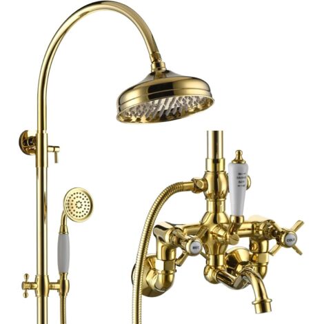 Colonne de Douche, BSS0360 Or Zirconium Moderne Ensemble de Douche, 8in/200mm Pomme de Douche, Poignée en Céramique, Rotatif à 180° Robinet de Baignoire, 59A Tout en Cuivre, Hauteur Réglable