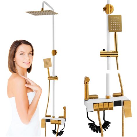 Colonne de douche Clara Silla, système de douche avec mitigeur, design moderne, Blanc/Doré