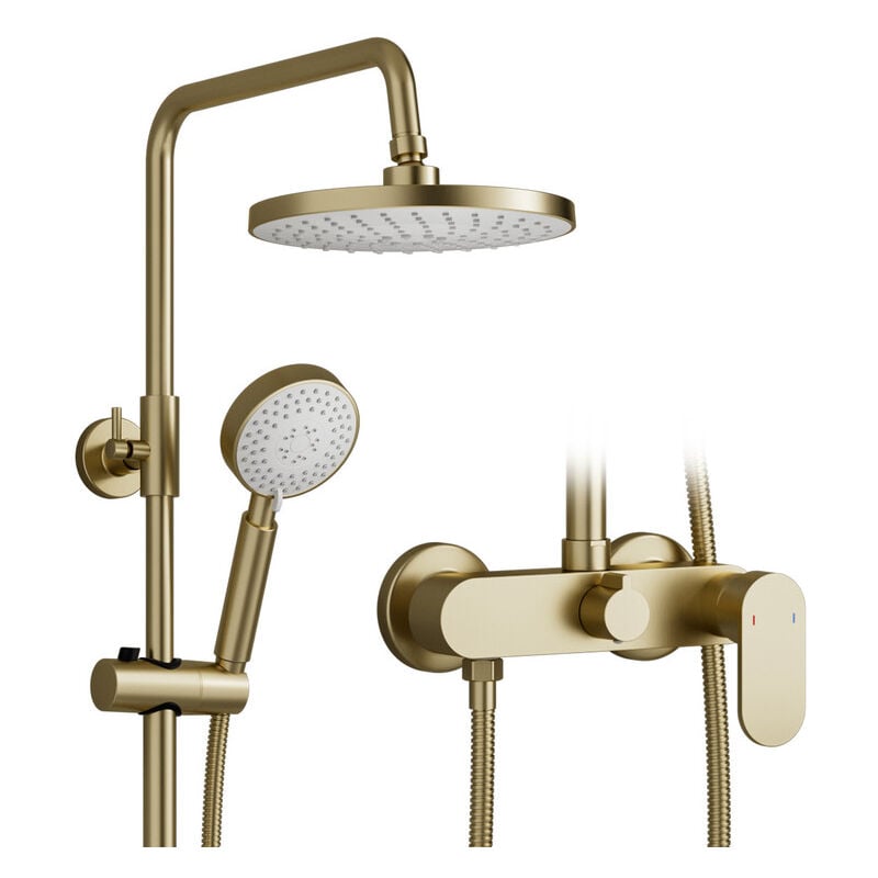 Colonne de Douche dorée, Colonne de Douche avec Mitigeur Monocommande, Tête De Douche Rond 22.5CM, Douchette 3 Jets, Colone Douche Mural Réglable en