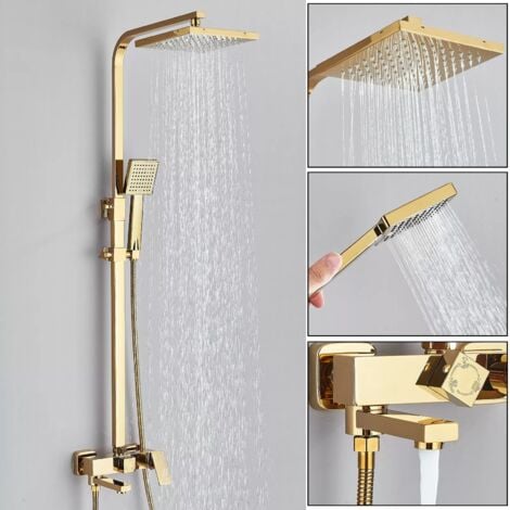 Colonne de douche dore réglable en hauteur,Système de douche en laiton 3 modes de douche ,Ensemble de Douche Mural avec Tête de douche 20x20cm(8 inch)