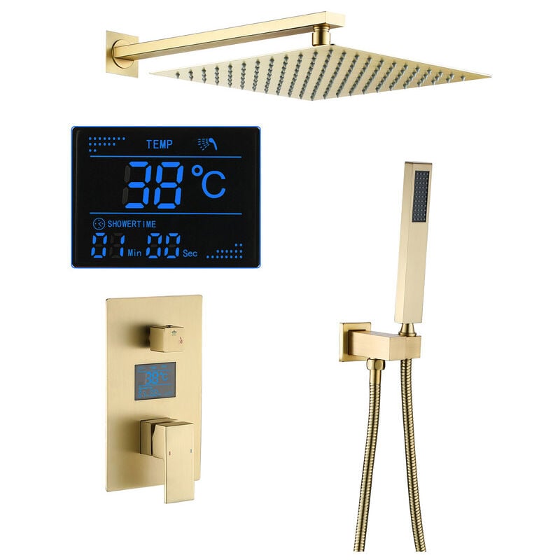 Esip - Colonne de Douche Dorée Brossé Ensemble de Douche Encastrable Système de Douche Mural Colonne Douche avec Affichage Numérique, 30 cm 30 cm