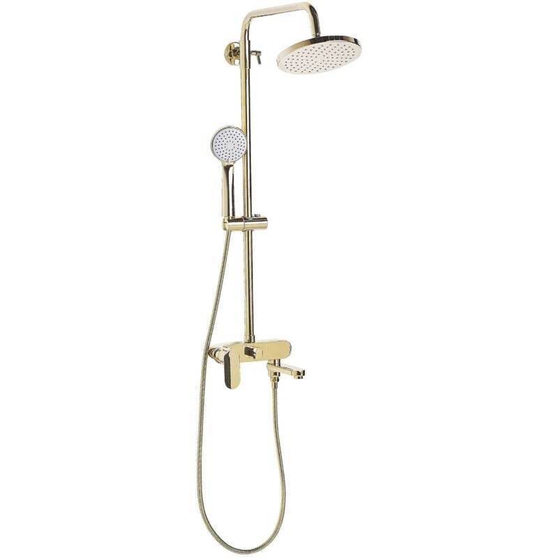 Colonne de Douche avec Pomme Haute Effet Pluie Douchette et Robinet Mitigeur en Laiton Doré pour Salle de Bain Moderne et Minimaliste Beliani