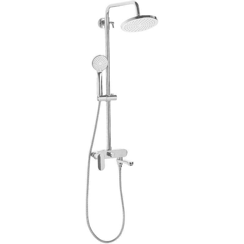 Colonne de Douche avec Pomme Haute Effet Pluie Douchette et Robinet Mitigeur en Laiton Argentée pour Salle de Bain Moderne et Minimaliste Beliani