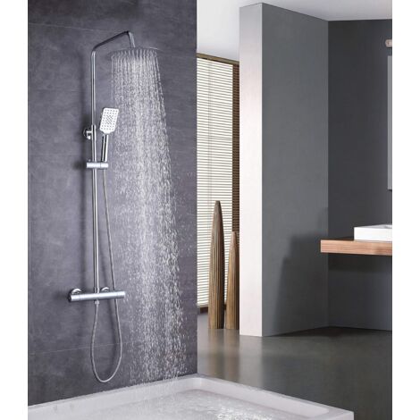 Colonne de douche Elbe avec thermostat en acier inoxydable, douchette multifonctions et pommeau de douche rond de 25 cm de diamètre, barre de douche réglable en hauteur de 79 à 119 cm.