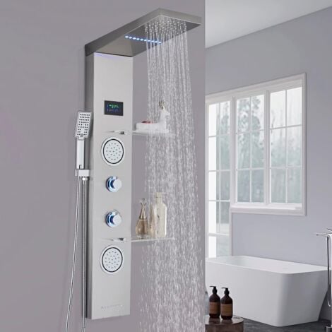 Colonne de Douche en Acier Inox avec 2 Grandes Buses Massants - Douche à Effet Pluie - Douchette à Main - Étagère pour Les Articles Écran Affichage LED Kit de Douche pour Salle de Bain Zamery