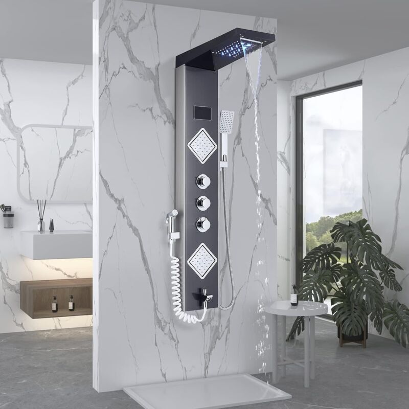 Suguword - Colonne de douche en acier inoxydable avec 6 fonctions de douche brosse nickel et noir cascade pluie douche massage buse main douche buse