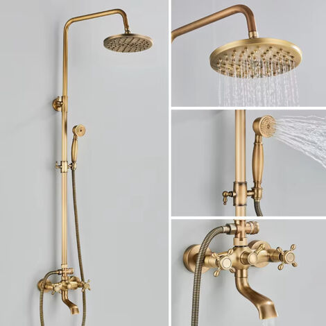 Colonne de douche en laiton antique, ensemble robinetterie de douche, douche à effet pluie avec douchette et bec de baignoire, hauteur réglable