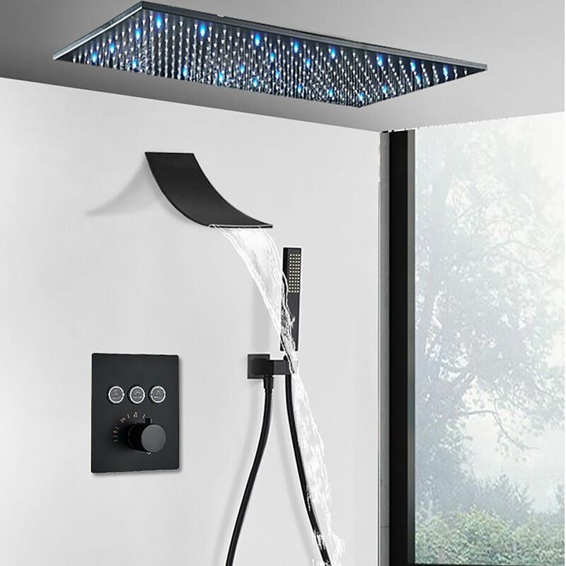 Colonne de Douche Encastrée noir De forme carrée Étagère Douche Set kit de Douche Murale Solide Douche à Main et Douche à Tête