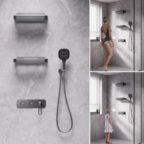Colonne de Douche Encastrée, 2025 Innovant 4 Modes Pivotant à 360° Ensemble de Douche, Moderne Touches de Piano Systèmes de Douche, Double 350x90mm Pommeau, Douchette, 59A cuivre Mitigeur