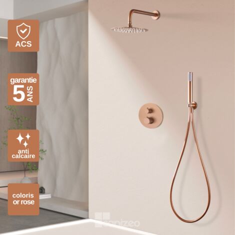 Colonne de Douche Encastrée avec Mitigeur Thermostatique or rose cuivré anti-calcaire - Design Moderne - MONZA IMEX