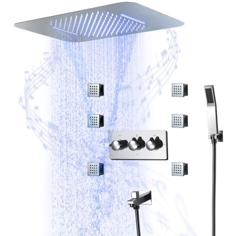 Colonne de douche encastrée avec musique Bluetooth – Pommeau 580x380mm – 64 couleurs LED – 6 jets corporels en silicone – Acier inoxydable IP67