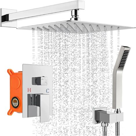 Colonne de Douche Encastrée, Ensemble Système de Douche Encastré, Encastrable Set Chromé avec Tête de Douche Carrée 30x30cm, Douchette, Pommeau de Douche Pluie, Laiton&Acier Inoxydable