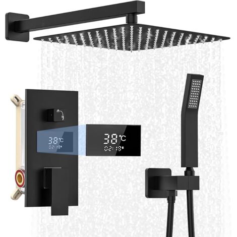 Colonne de Douche Encastrée, Ensemble Système de Douche Encastré, Encastrable Set Noir avec Tête de Douche Carrée 30x30cm, Douchette, Pommeau de Douche Pluie, Laiton&Acier Inoxydable
