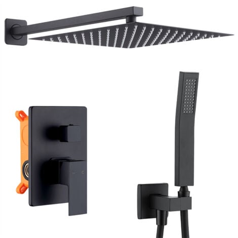 UBEEGOL Colonne de Douche Encastrée Noir Ensemble de Douche Encastrable Kit de Douche Mitigeur Mécanique Grande Tête de Douche Carrée Corps en Laiton