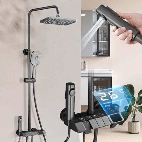 Colonne de Douche Gris avec LCD Affichage Température d'Eau-Systeme de Douche Piano Montage Mural Ensemble de Douche avec 29cm  19cm Tête de Douche, étagère,3 modes Douchette à Mains