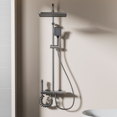 Colonne de Douche Gris avec LCD Affichage Température d'Eau-Systeme de Douche Piano Montage Mural Ensemble de Douche avec 30cm 20cm Tête de Douche, étagère,3 modes Douchette à Mains