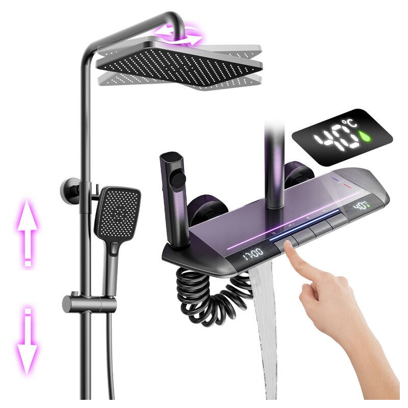 Colonne de Douche Gris Thermostatique Mitigeur en Laiton Systeme de Douche Affichage Numérique led Ensemble de Douche Pommeau De Douche, Douchette,