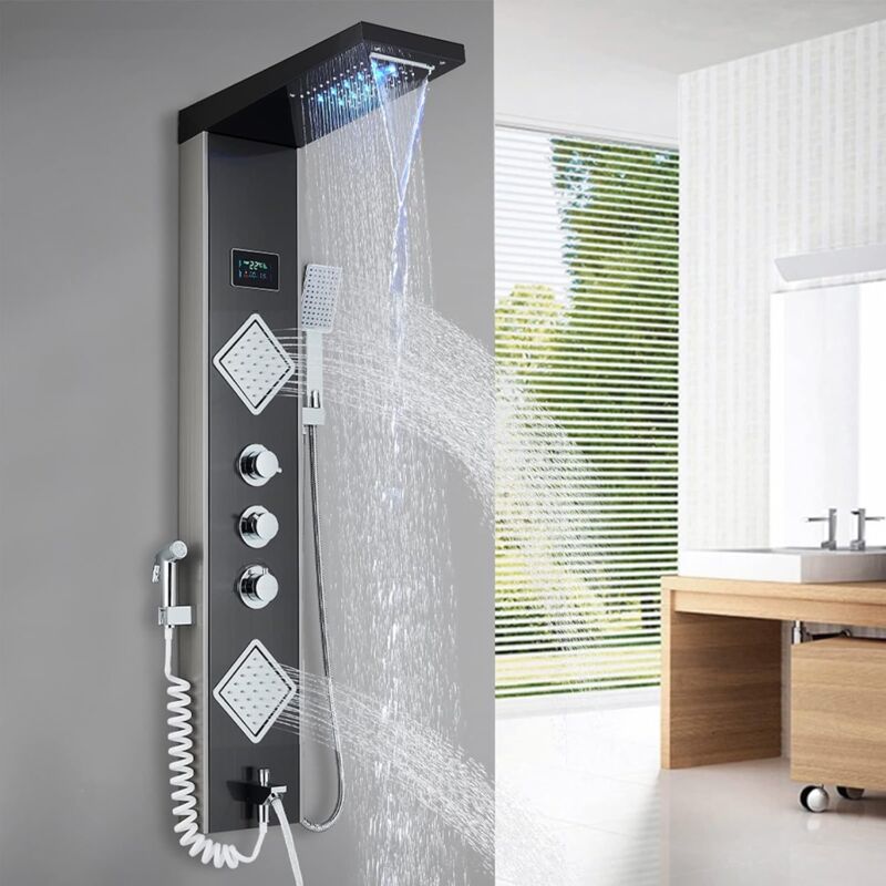 Colonne de douche hydromassage à led en Affichage de la température de l'eau, deux grandes buses de massage,6 modes de douche avec pistolets