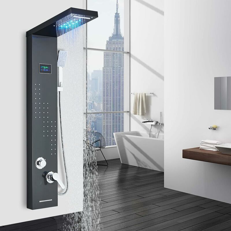 Colonne de Douche Hydromassage noir led Douche Pluie Plusieurs Sorties D'Eau Ensemble De Douche Acier inoxydable 304 Système de douche avec affichage
