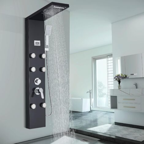 Colonne de Douche Hydromassages Noir avec 6 Grandes Buses Massants Douchette à Main et Douche Cascade Murale Multifonction en Acier Inoxydable