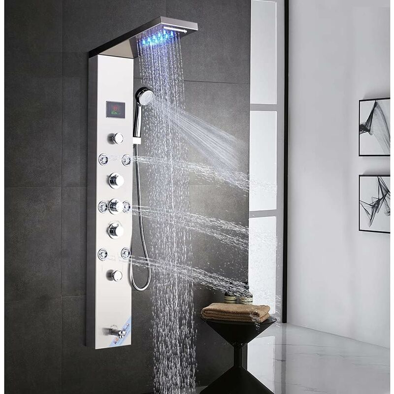 Colonne de douche Hydromassante avec 8 Hydromassante Buses Massants et Douche Cascade et Affichage led Ensemble de Douche Multifonctionnel en Acier
