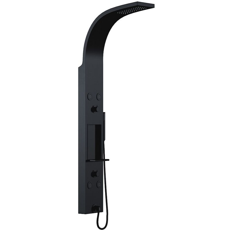 Vente-Unique – Colonne de douche hydromassante 50 jets – Noir mat – Acier inoxydable – Hauteur 140 cm – Étagère intégrée pour produits de douche
