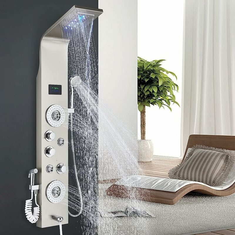 Colonne de Douche Hydromassante led Acier Inox pour Salle de Bain avec 2 Grandes Buses Massants et 6 Micro jets de Massage avec Écran lcd Affichage