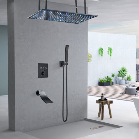 Colonne de douche hydromassante LED montage au plafond 40 X 80 cm douche de pluie corps entier système de douche de pluie, noir ensemble de douche mitigeur de douche