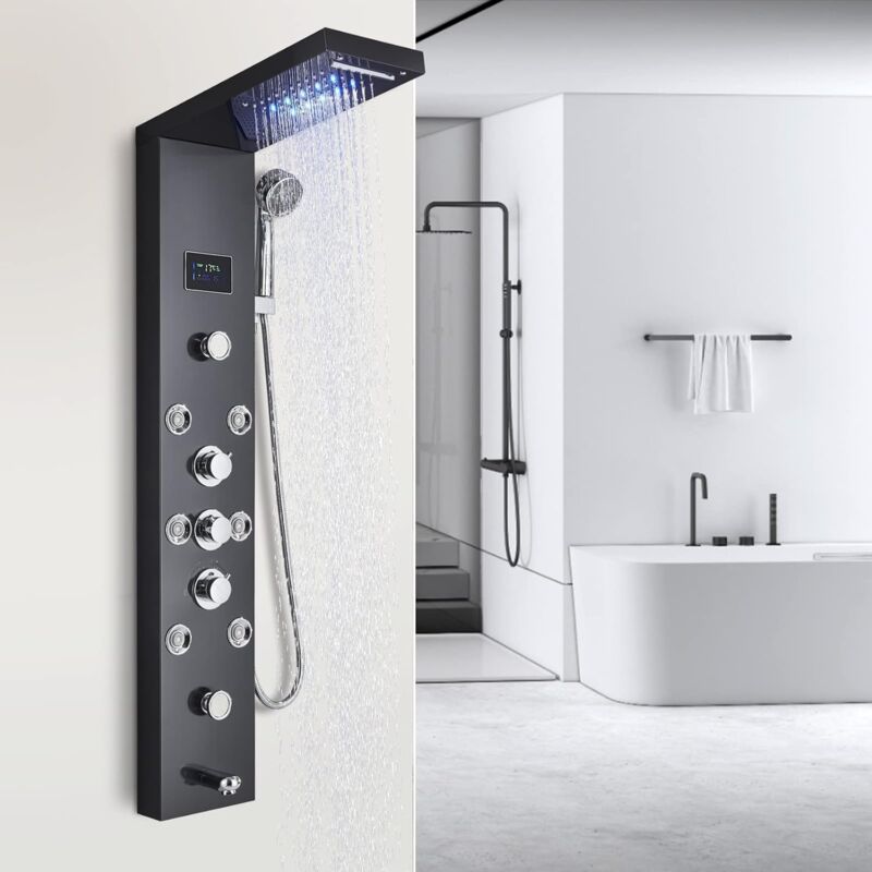 Zamery - Colonne de Douche Hydromassage Noir avec 4 Grandes Buses Massants et Douche à Main avec Écran lcd Affichage Température d'Eau Ensemble de