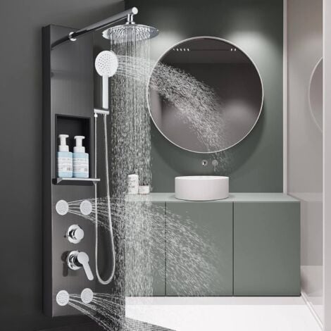 Colonne de Douche Hydromassante Noir en Acier Inoxydable avec Buses Massants Colonne Douche Murale Multifonction Panneau de Douche avec étagère pour salle de bains Zamery