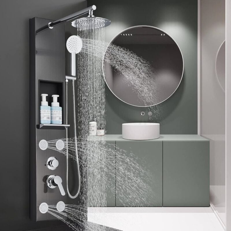 Colonne de Douche Hydromassante Noir en Acier Inoxydable avec Buses Massants Colonne Douche Murale Multifonction Panneau de Douche avec étagère pour