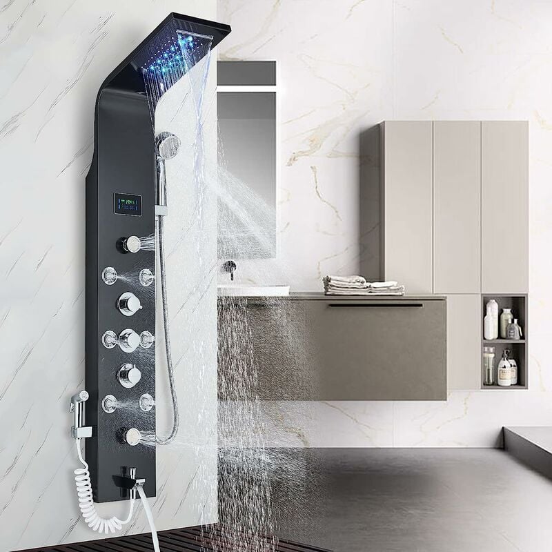 Colonne de Douche Hydromassante Noir led Acier Inox pour Salle de Bain avec 2 Grandes Buses Massants et 6 Micro jets de Massage avec Écran lcd